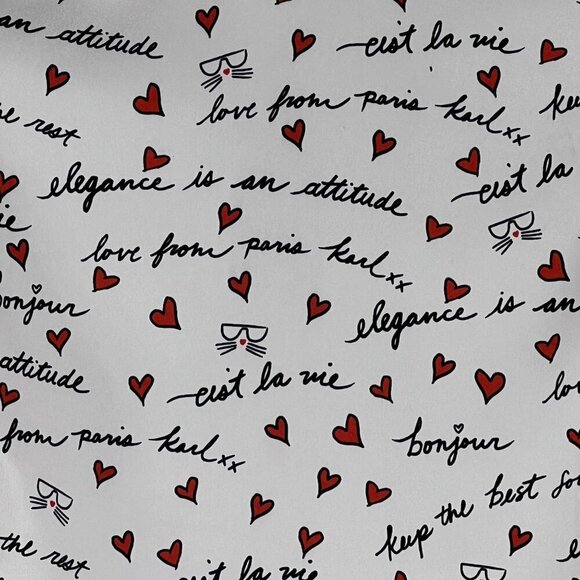 Karl Lagerfeld Paris XS White Blouse Red Heart Script Button Up Roll Tab Sleeve - Picture 10 of 16